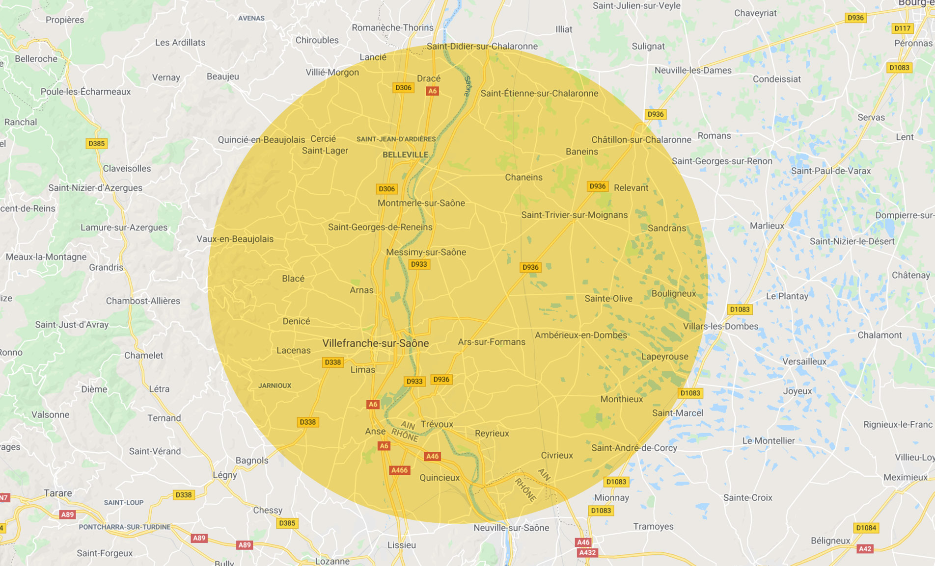 Carte - Zone d'intervention prioritaire - Ain Rhône Villefranche Belleville